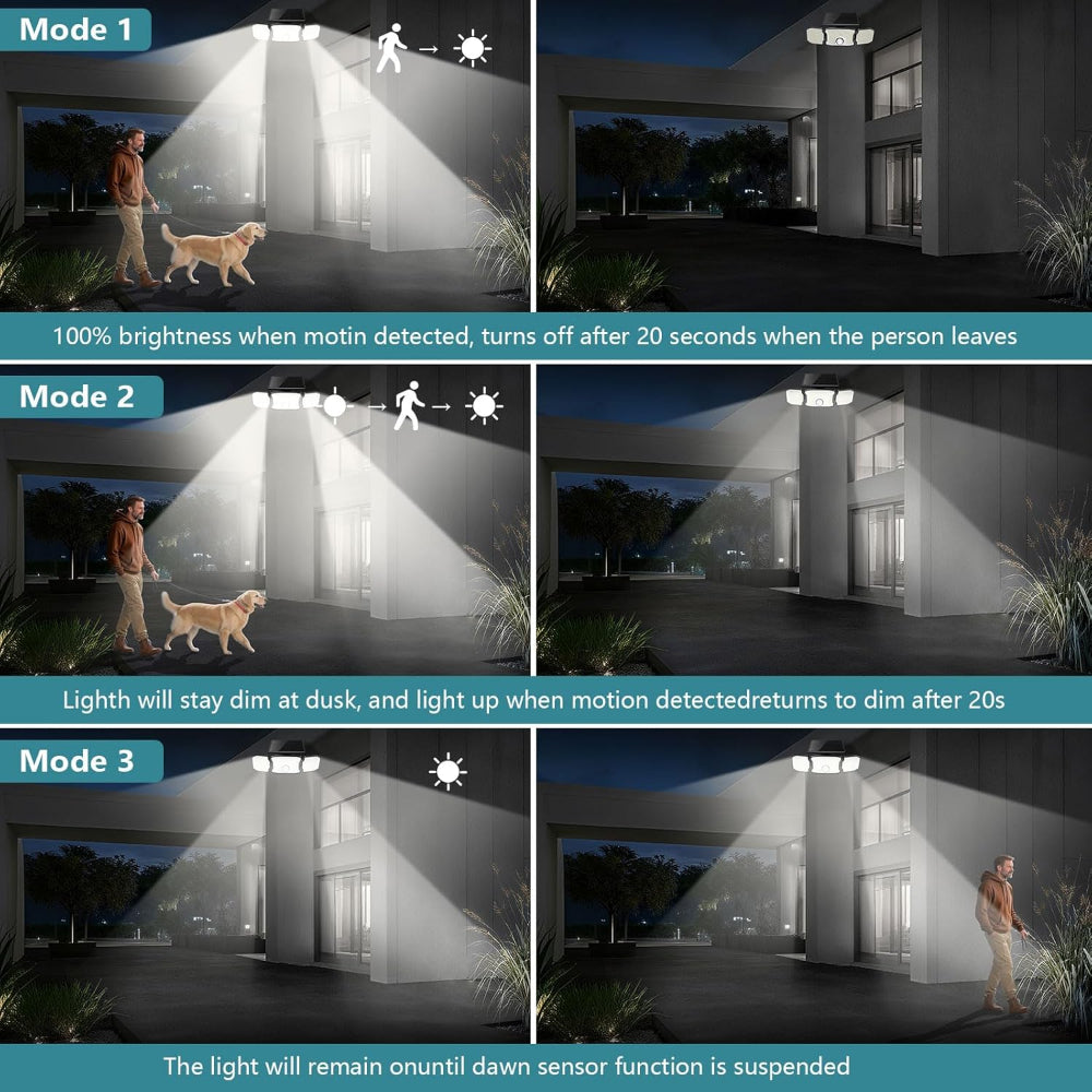 2-Pack Solar Motion Sensor Flood Lights with 3 Adjustable Heads and 200 LEDs