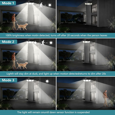 2-Pack Solar Motion Sensor Flood Lights with 3 Adjustable Heads and 200 LEDs