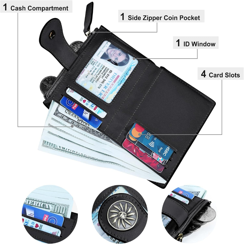 Women's Bifold Wallet – RFID Blocking Leather Card Holder with Zipper Coin Pocket