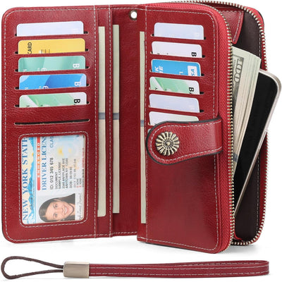 Women’s Leather Wristlet Wallet – RFID Blocking Bifold Credit Card Holder Clutch