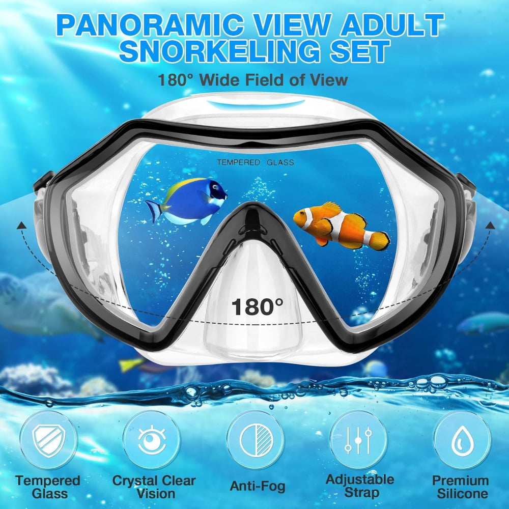 Adult Snorkeling Gear Set - Panoramic Anti Fog Snorkel - Mask with Travel Bag