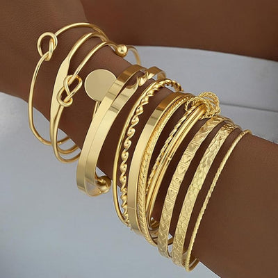 14-Piece Gold Bangle Bracelet Set – Stackable Multi-Layer Boho Bracelets – 14K Gold Plated Metal