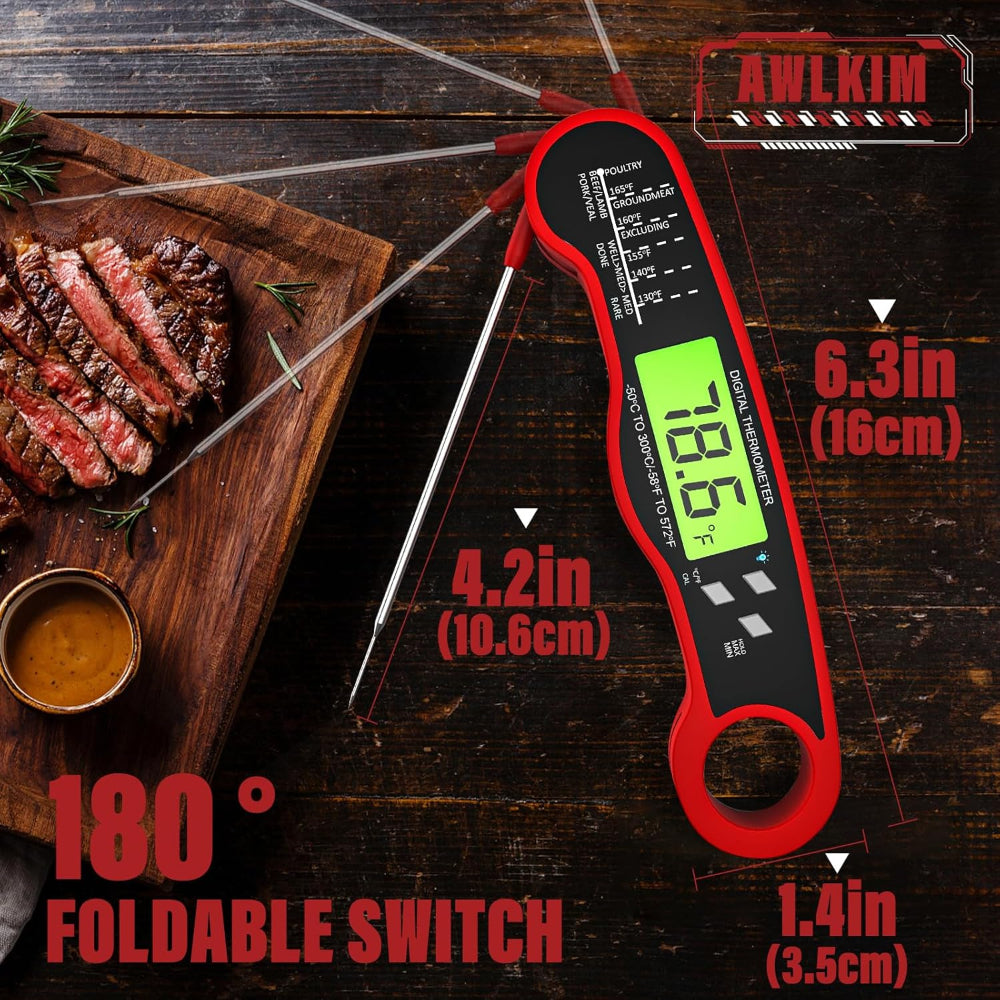 Digital Instant Read Meat Thermometer – Waterproof Backlit Food Thermometer for Grill & Kitchen