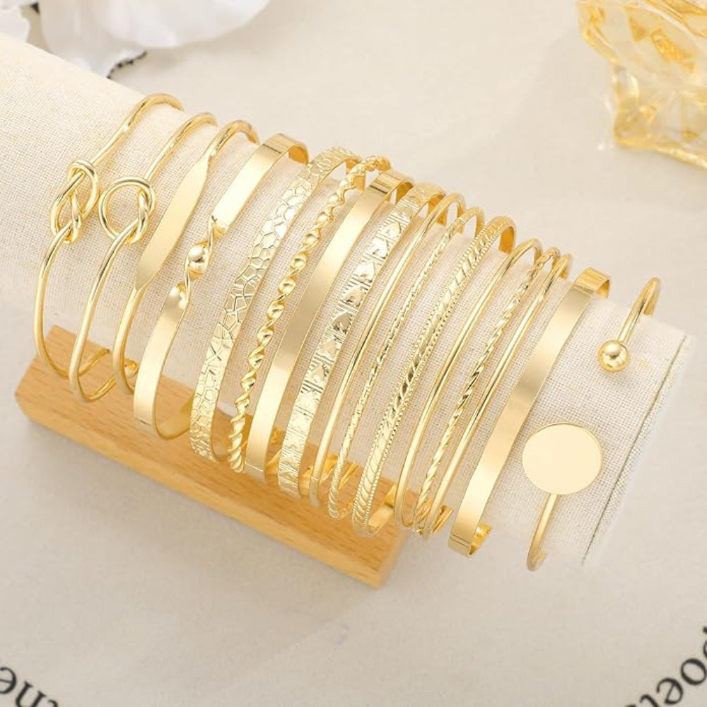 14-Piece Gold Bangle Bracelet Set – Stackable Multi-Layer Boho Bracelets – 14K Gold Plated Metal