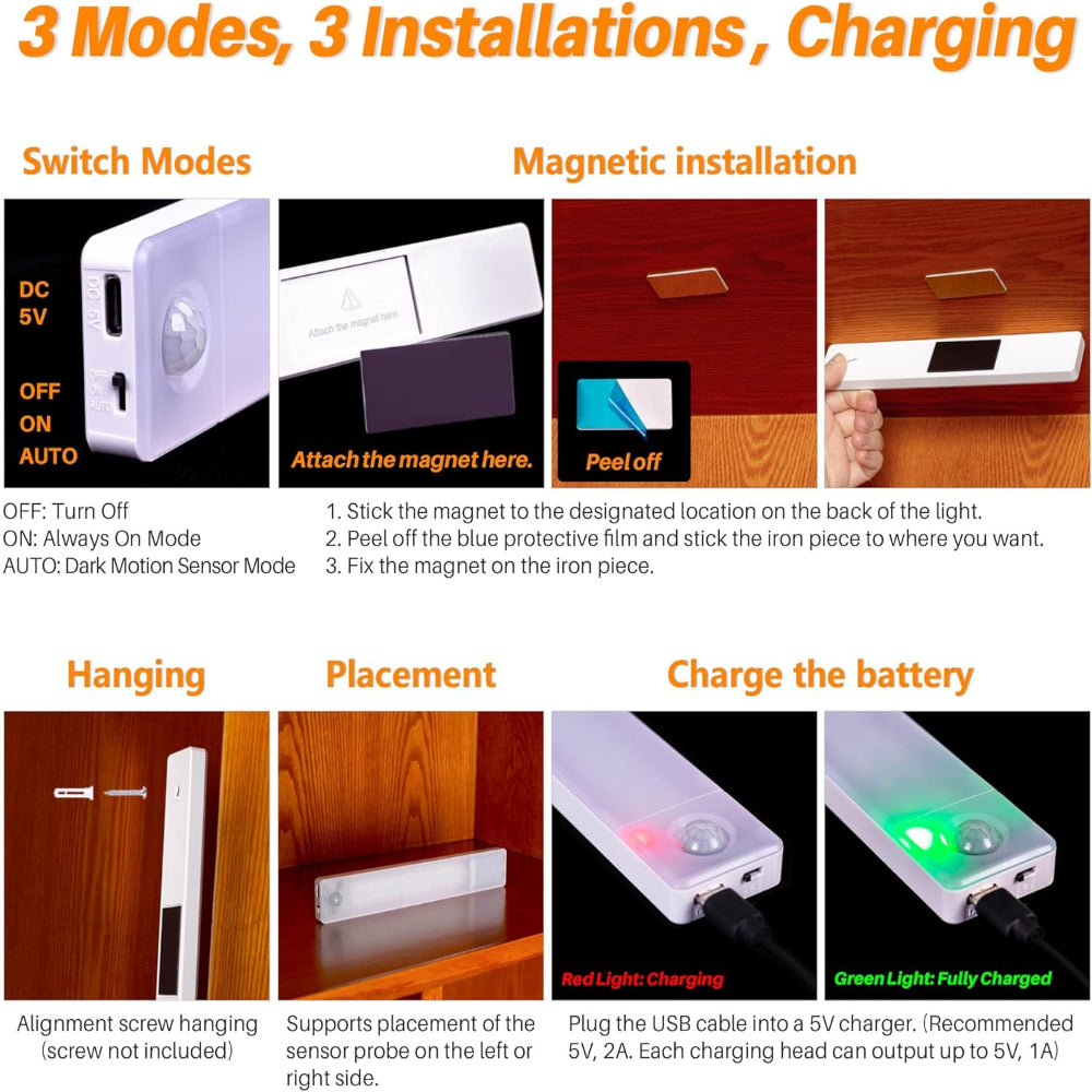 2-Pack Under Cabinet LED Lights – 8 Inch Motion Sensor, USB Rechargeable, Magnetic Stick On