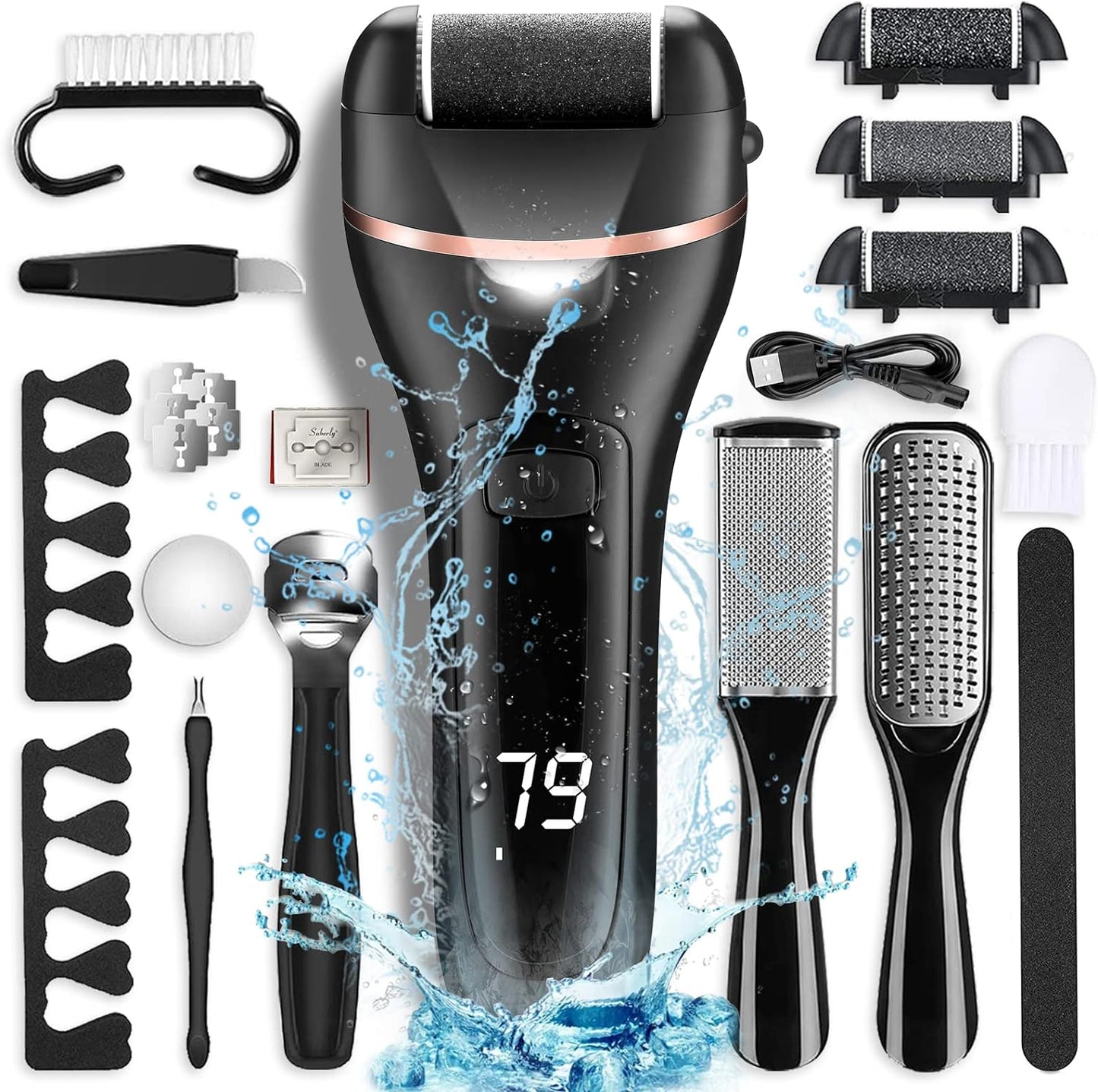 22 in 1 Professional Pedicure Kit - Electric Callus Remover for Feet with Rechargeable Waterproof ,Foot Care Tools Wet & Dry Foot File for Dead Skin&Cracked Heel or Rough Hand with 3 Roller Heads 2 Speed