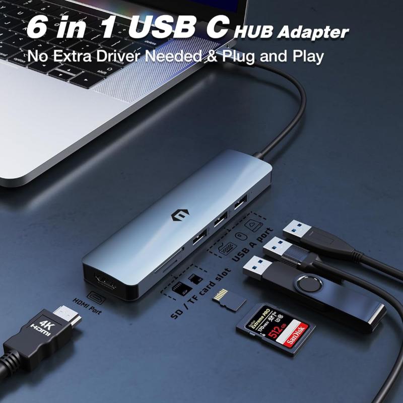 6 in 1 USB C Hub Adapter, USB 3.0, 4K HDMI, 2 x USB 2.0 Ports, SD/TF Card Reader