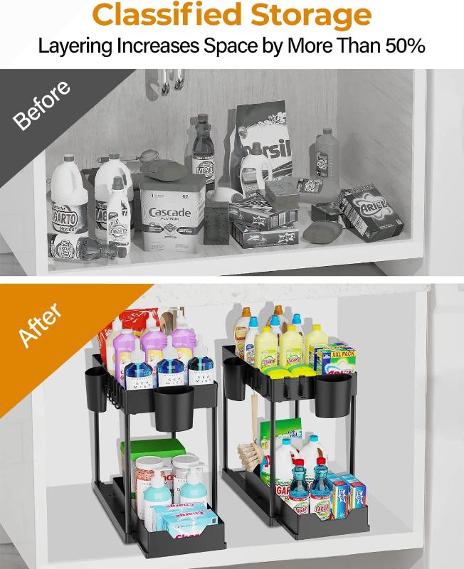 Under Sink Organizers for Storage, 2 Tier Under Sink Sliding Basket