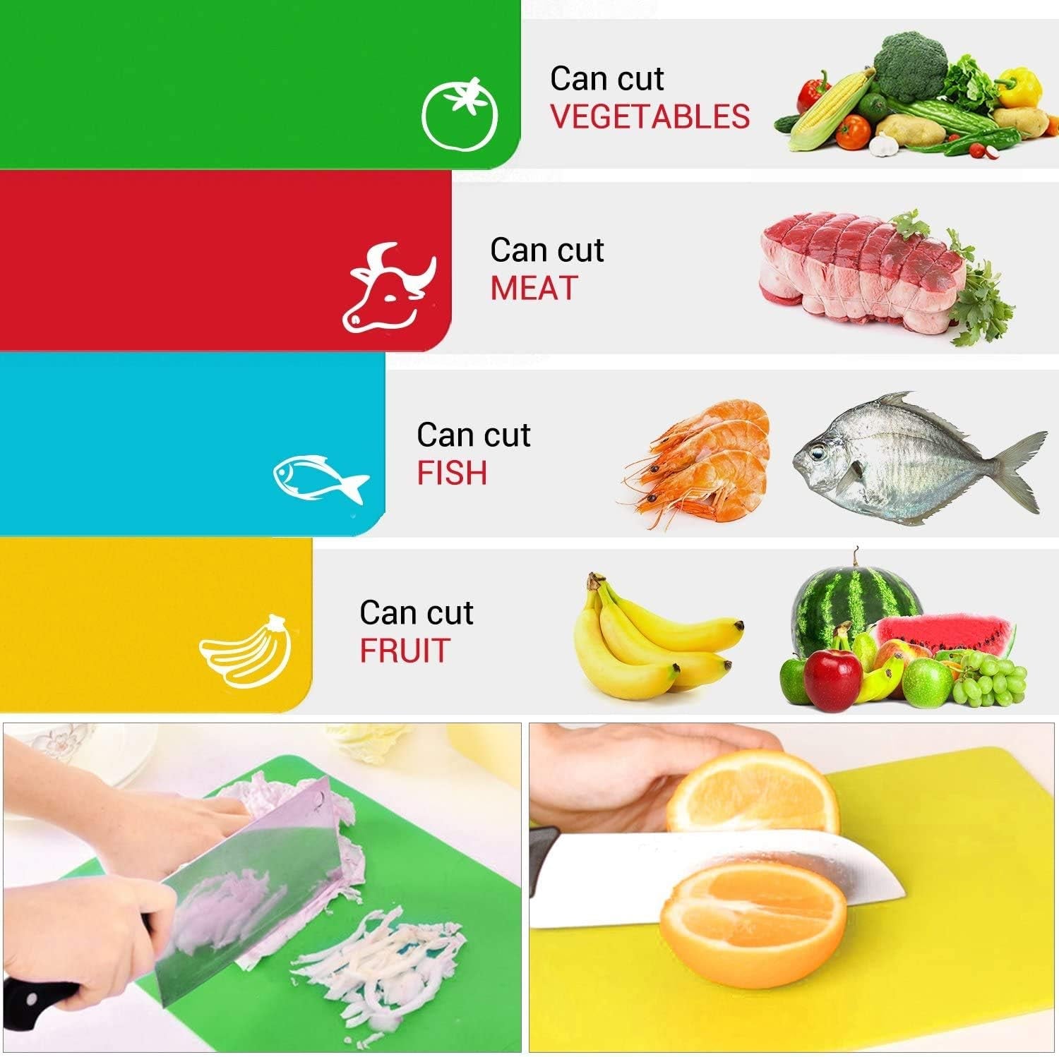 Kitchen Plastic Cutting Board Set - Extra Thick Flexible, Non-Slip Chopping Board with Colored Food Icons - Dishwasher Safe