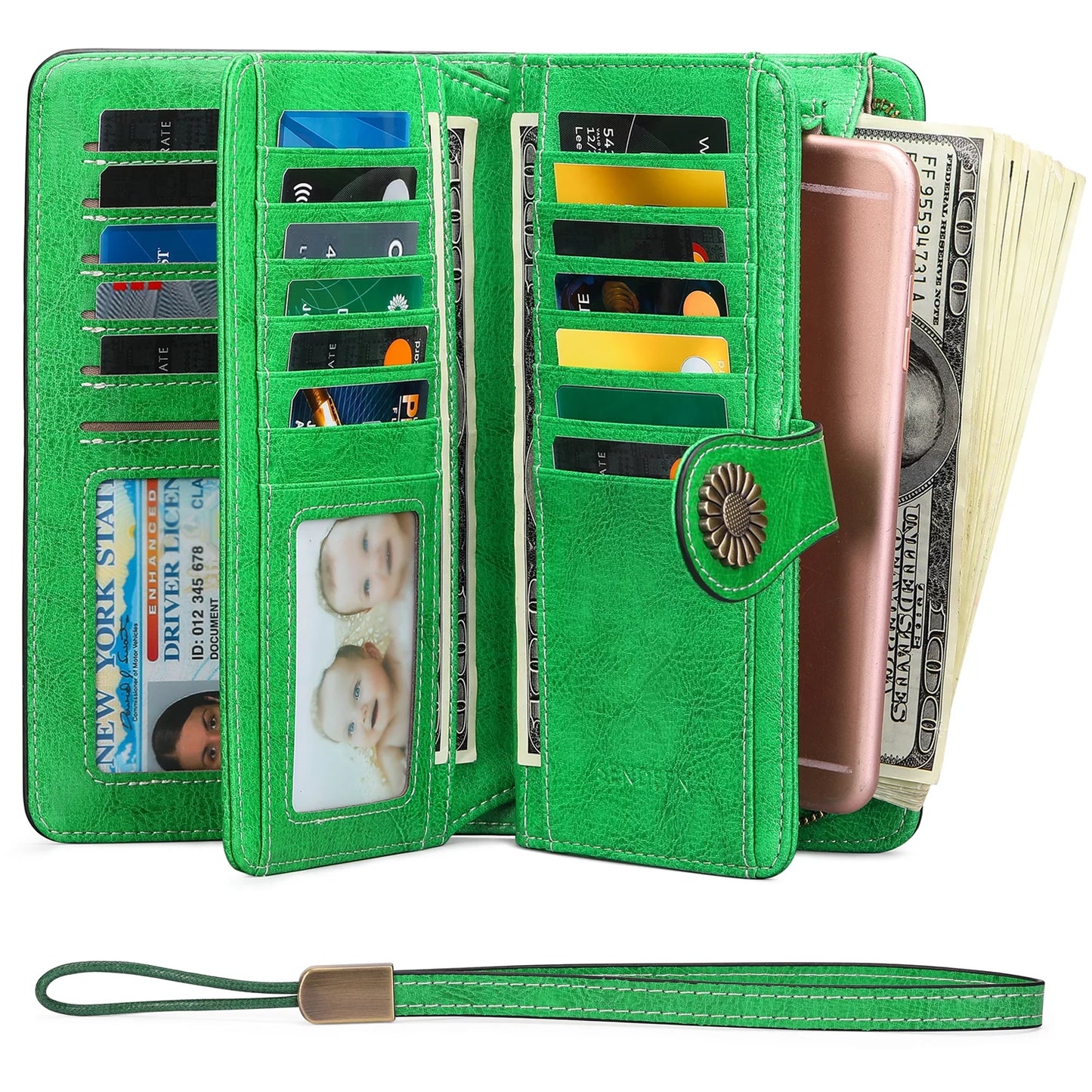 Genuine Leather Credit Card Holder with RFID Blocking Large Capacity Wristlet Wallet