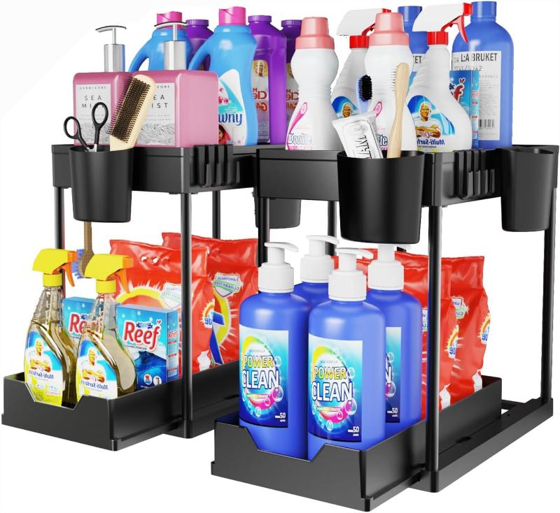 Under Sink Organizers for Storage, 2 Tier Under Sink Sliding Basket