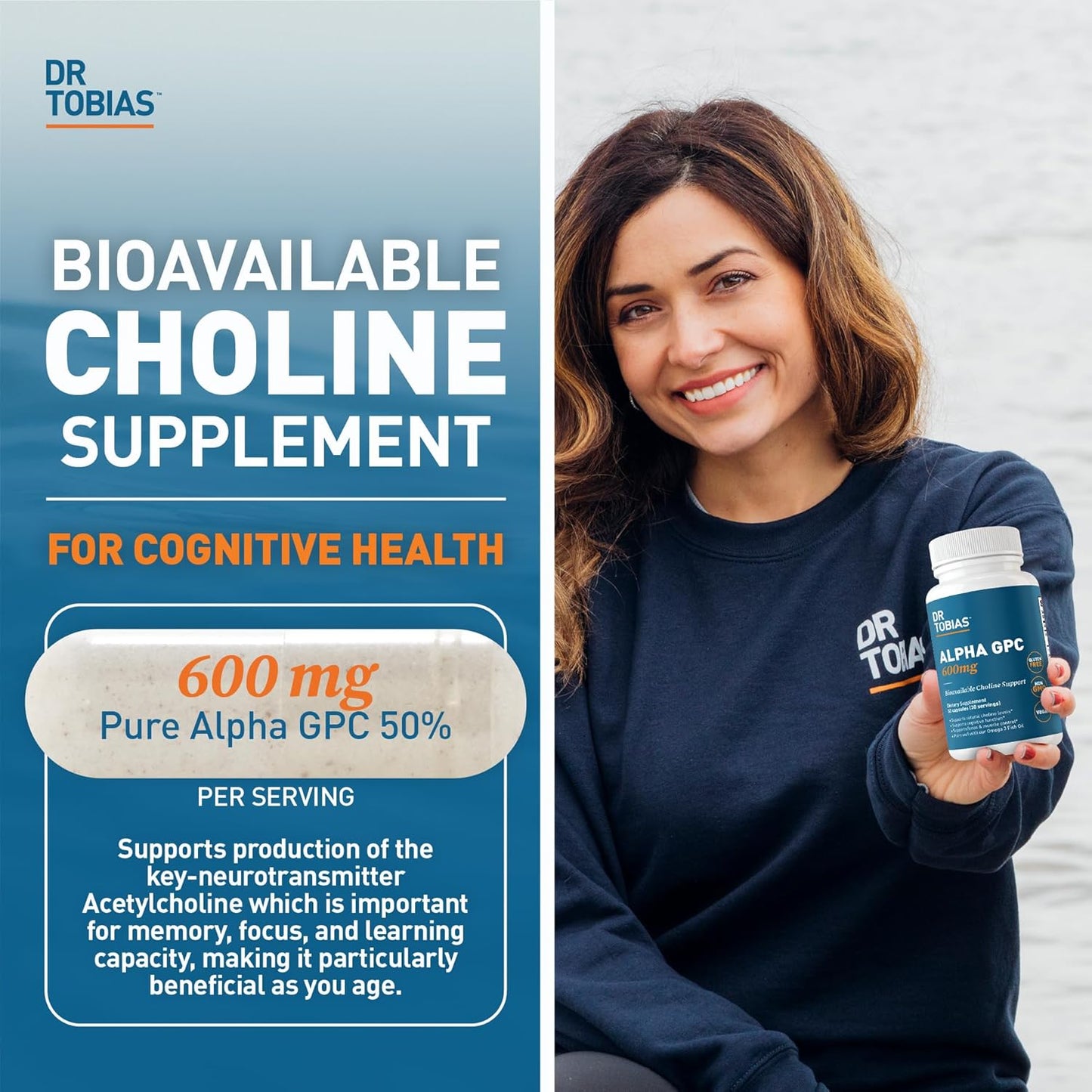 Dr. Tobias Alpha GPC 600mg Per Serving - Bioavailable Choline Supplements for Brain, Memory and Focus