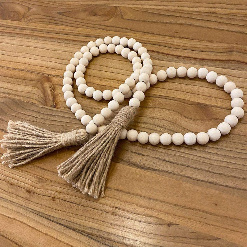 58" Wood Bead Garland with Tassels, Farmhouse Rustic Boho Wall Hanging Decor