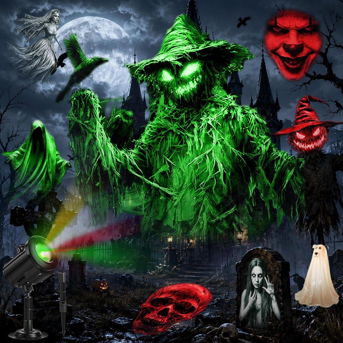 Outdoor Halloween projector green scarecrow and Halloween effects