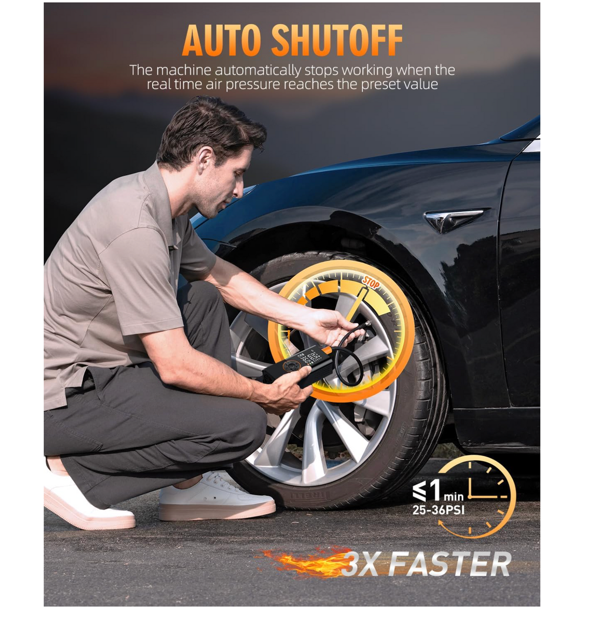 Portable tire inflator auto shutoff feature