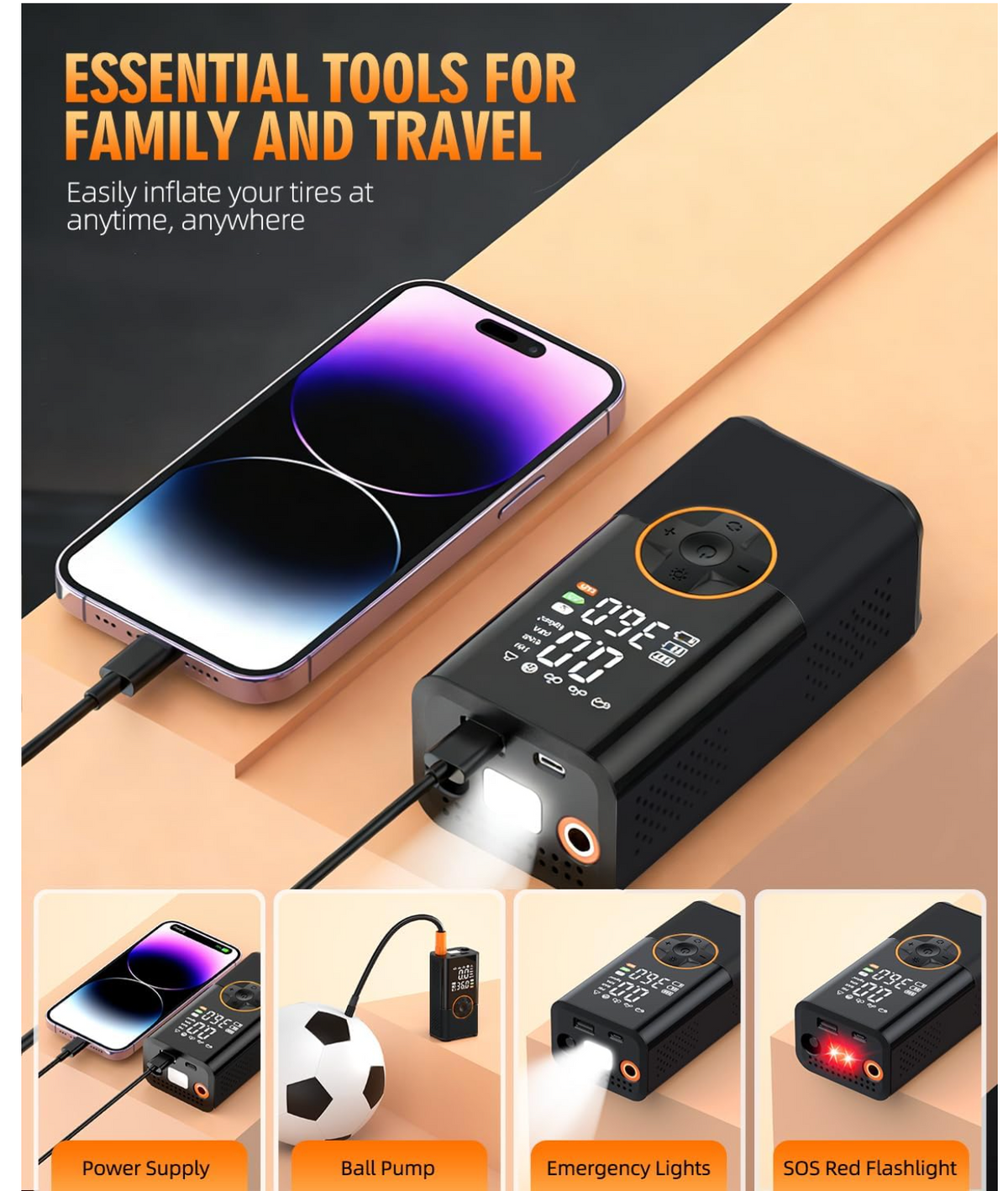 Portable tire inflator power supply ball pump and emergency lights