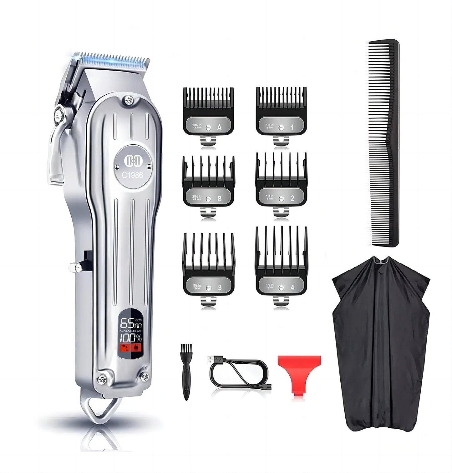 Cordless Metal Hair Clippers - Professional Trimmer Kit, LED Display USB Rechargeable