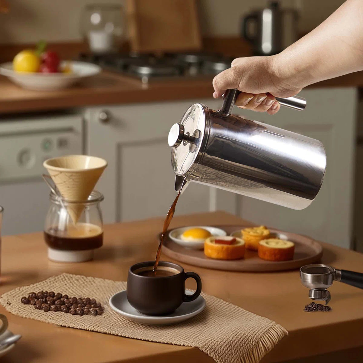 34 oz Stainless Steel French Press Coffee Maker – Double-Wall Insulated, Silver