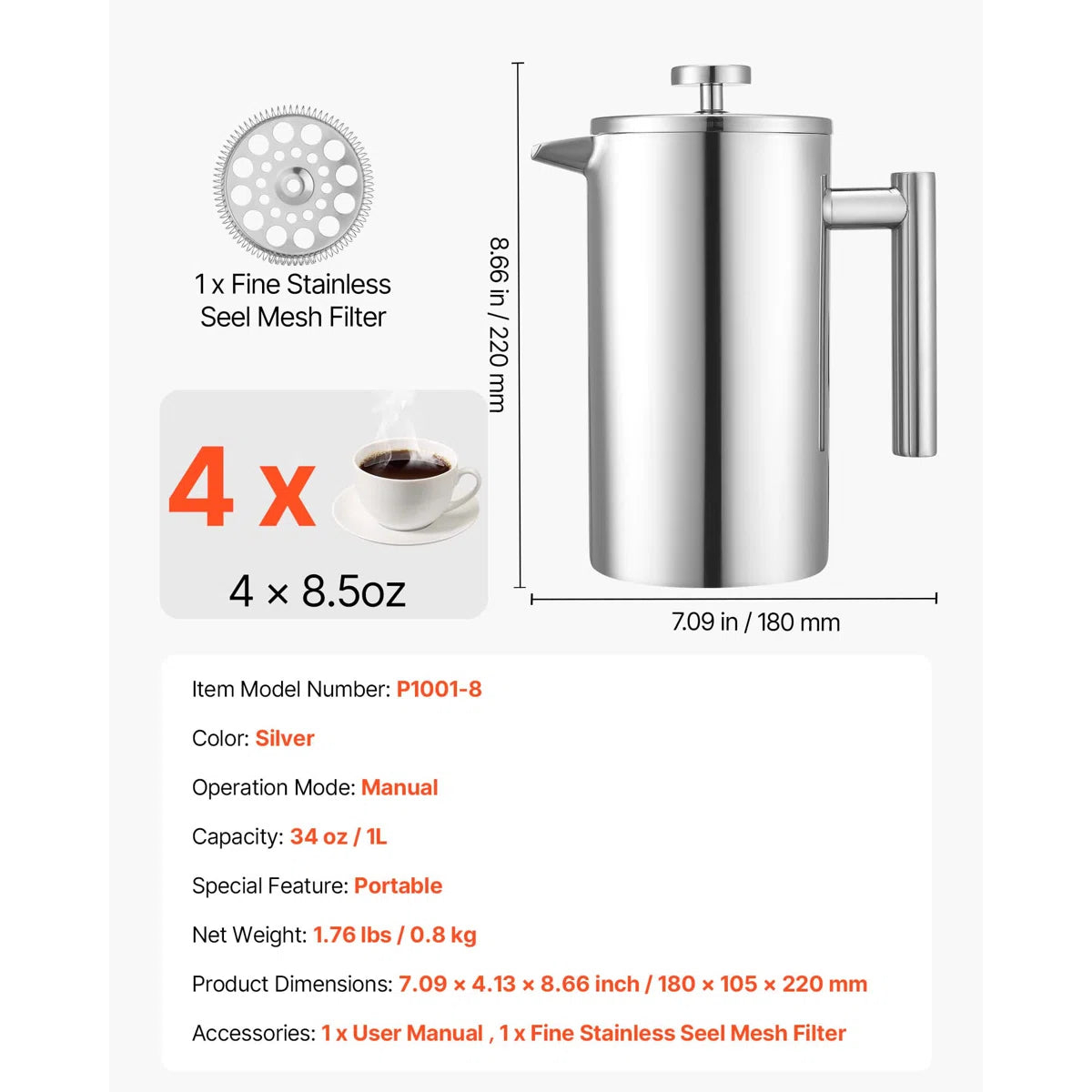 34 oz Stainless Steel French Press Coffee Maker – Double-Wall Insulated, Silver