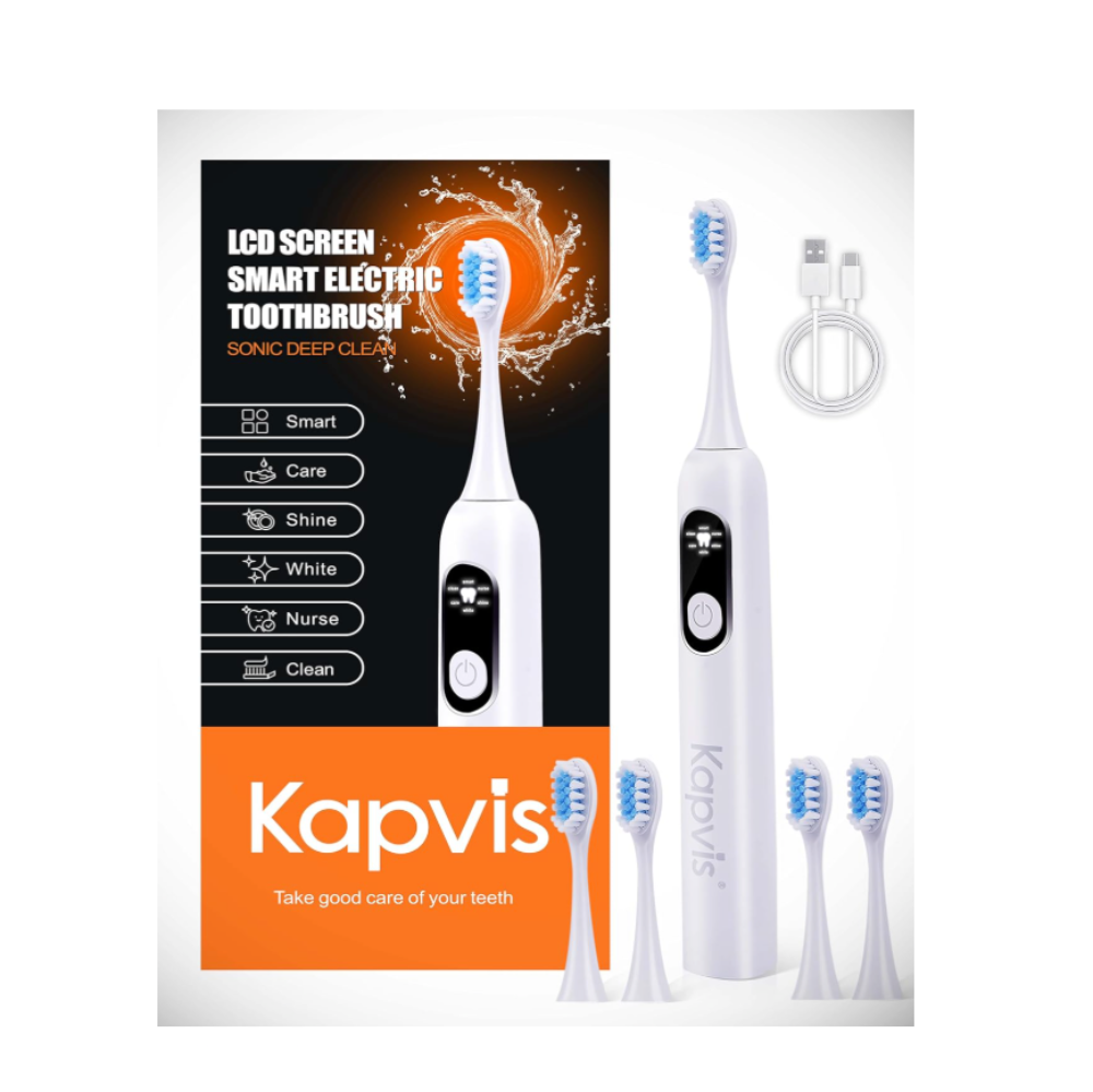 Sonic Electric Toothbrush – USB Rechargeable with 4 Brush Heads, 6 Modes, Smart Timer, LCD Screen, Travel Friendly, 30-Day Battery