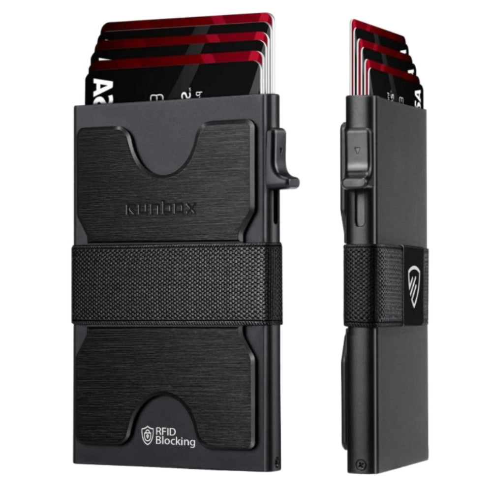 Slim RFID Wallet for Men – Aluminum Pop-Up Card Holder with Cash Strap for 12 Cards