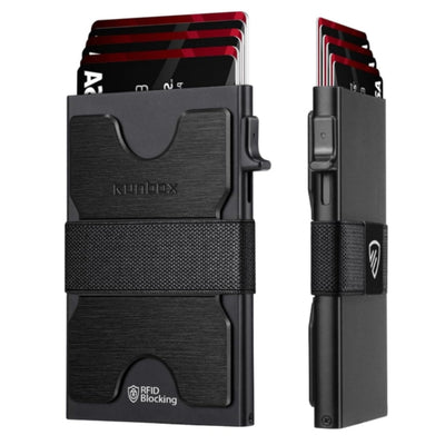 Slim RFID Wallet for Men – Aluminum Pop-Up Card Holder with Cash Strap for 12 Cards