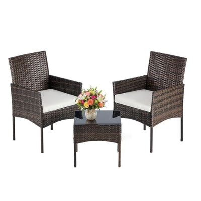 3 Piece Outdoor Patio Furniture Set with Wicker Chairs and Glass Table for Porch Balcony and Backyard