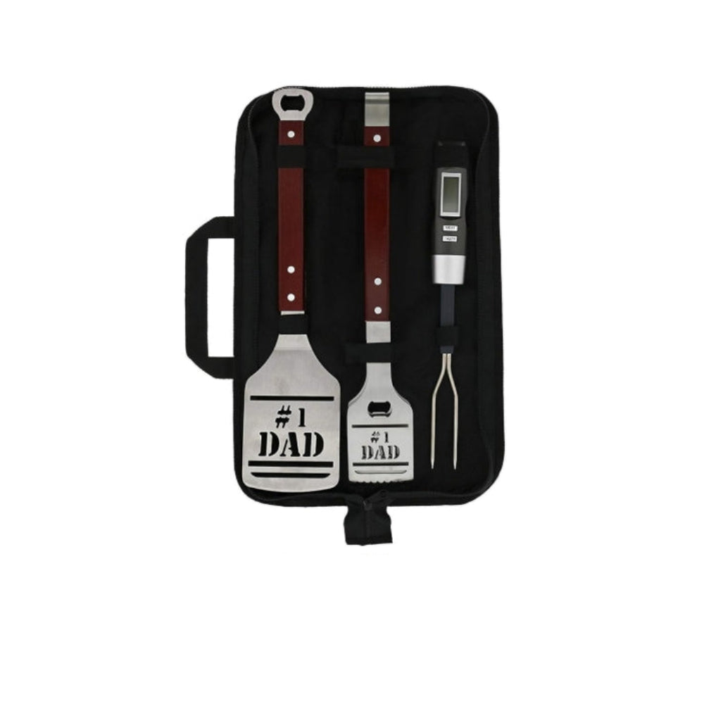 BBQ Grill Tools Set for Dad with Tongs, Spatula, Digital Thermometer, and Carry Case