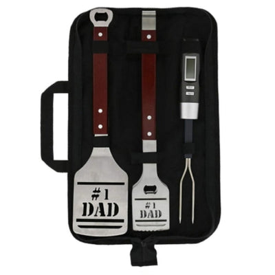 BBQ Grill Tools Set for Dad with Tongs, Spatula, Digital Thermometer, and Carry Case