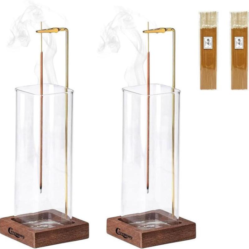  Ceremony Wooden Incense Holder for Sticks with Glass Ash Catcher - Includes 20 Incense Sticks and a Ash Brush