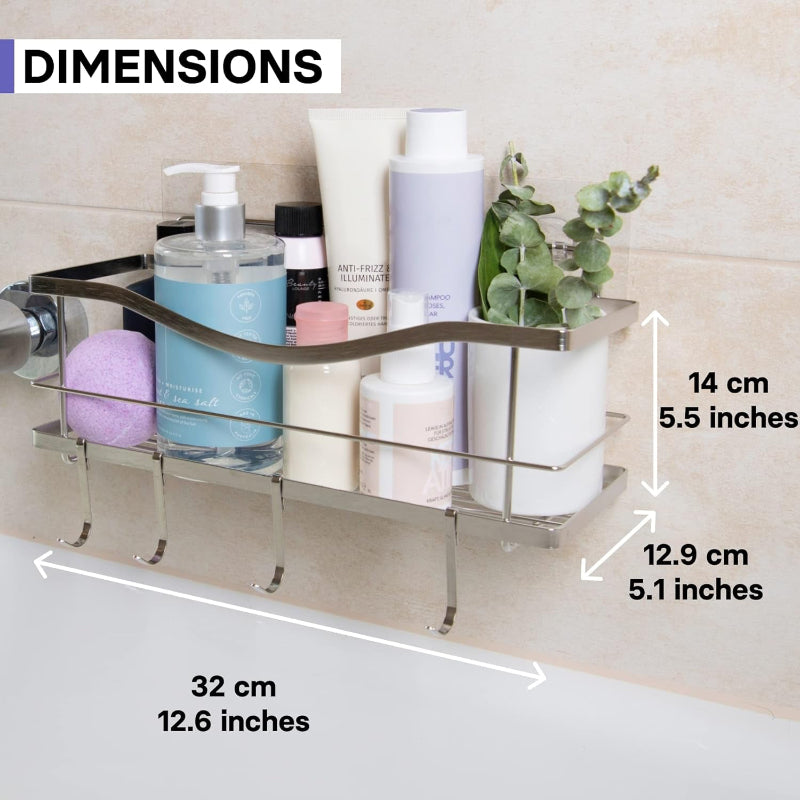 Premium Adhesive Shower Caddy with 4 Hooks, Rustproof No-Drill Bathroom Organizer