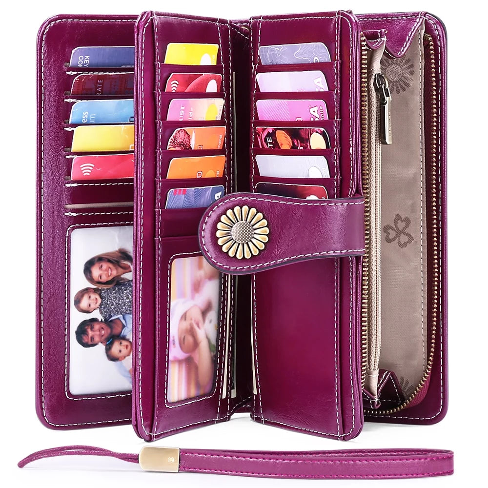 Genuine Leather Credit Card Holder with RFID Blocking Large Capacity Wristlet Wallet