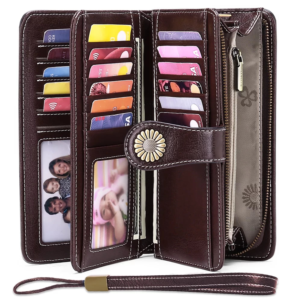 Genuine Leather Credit Card Holder with RFID Blocking Large Capacity Wristlet Wallet