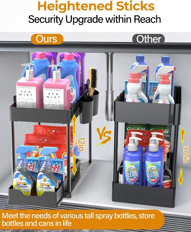 Under Sink Organizers for Storage, 2 Tier Under Sink Sliding Basket