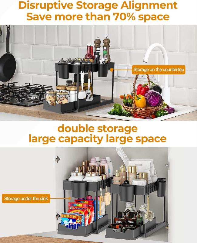 Under Sink Organizers for Storage, 2 Tier Under Sink Sliding Basket