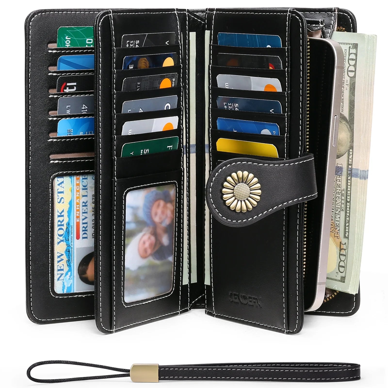 Genuine Leather Credit Card Holder with RFID Blocking Large Capacity Wristlet Wallet