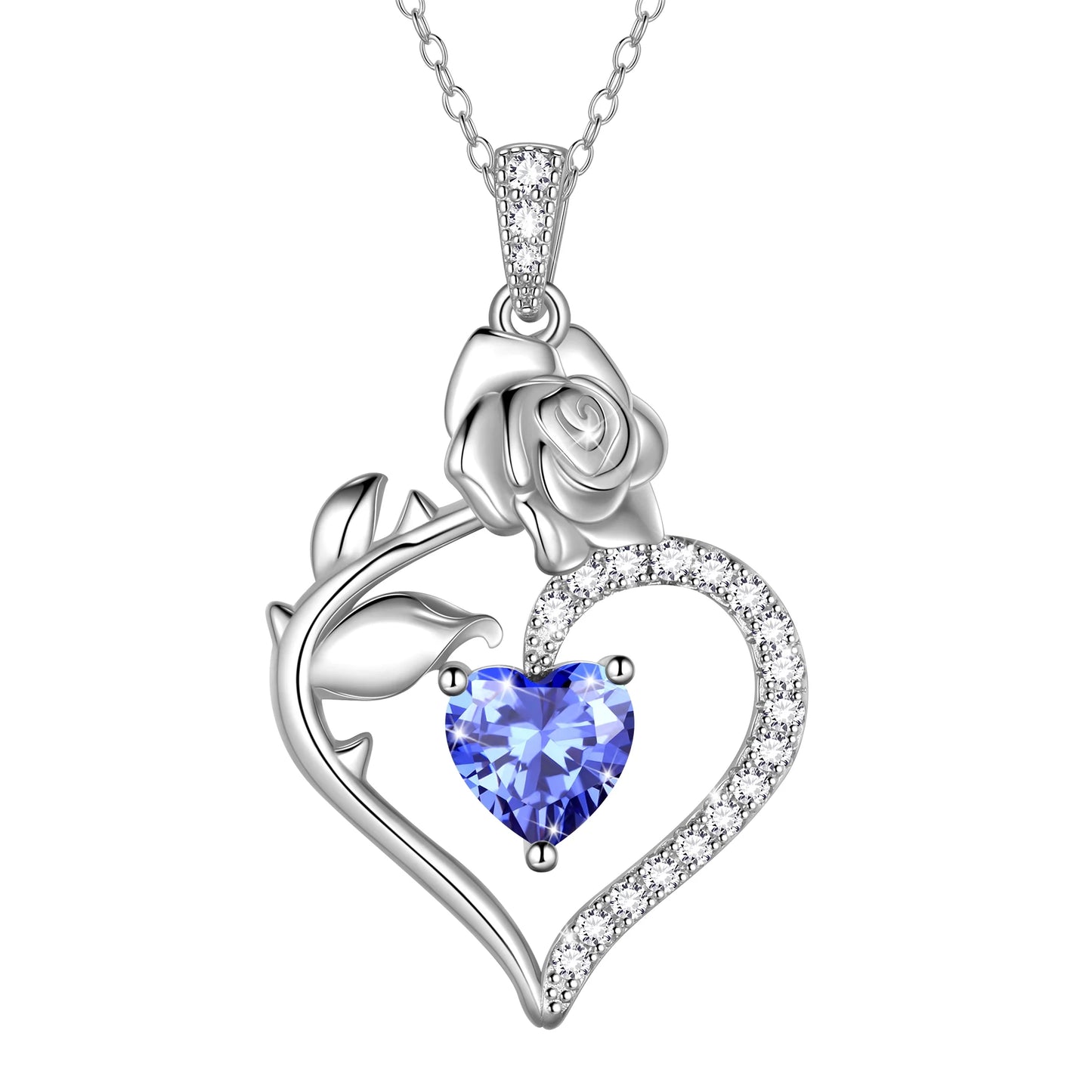 925 Sterling Silver Birthstone Necklace, Rose Flower Heart Pendant Jewelry