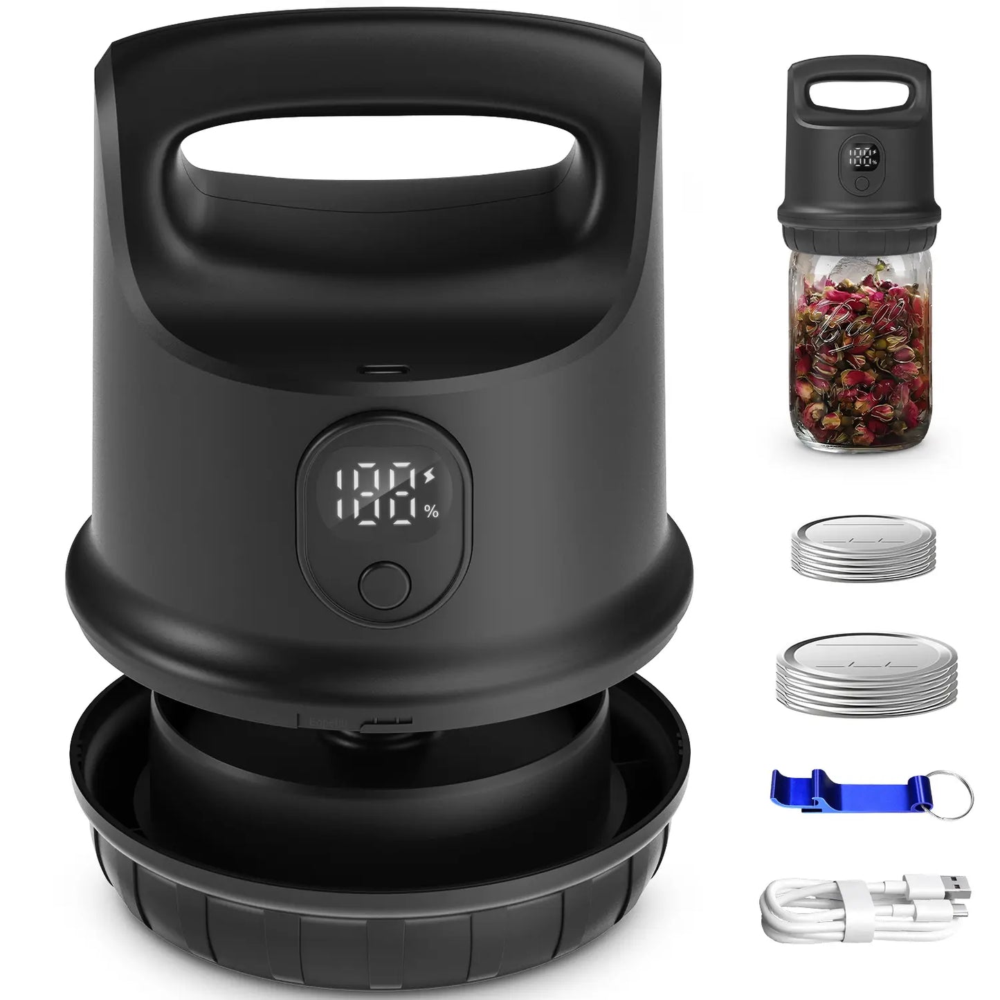 Vacuum Sealer Kit Automatic Shut-Off Mason Jar Sealer – Portable Cordless Vacuum Sealing System. Open Box