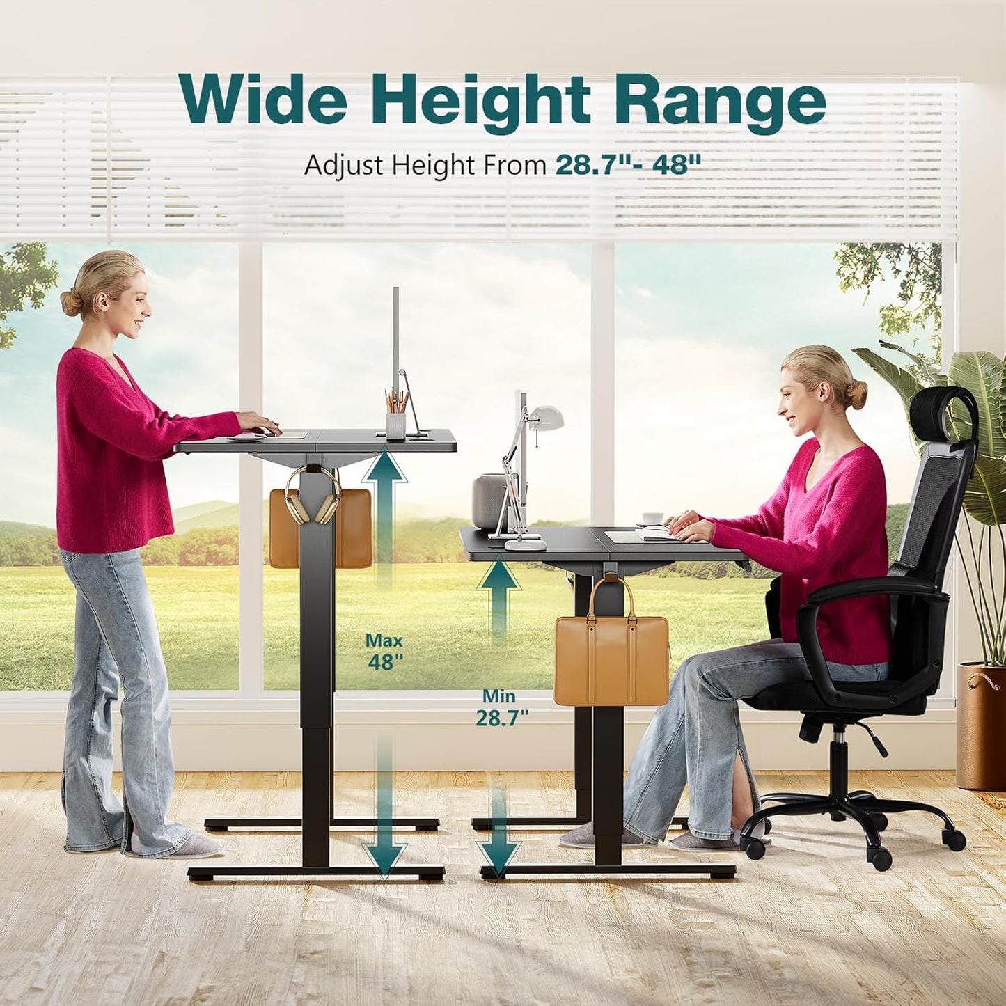 Electric Sit to Stand Up Desk with Splice Board, Rising Home Office Computer Table with 2 Hooks and Wire Hole