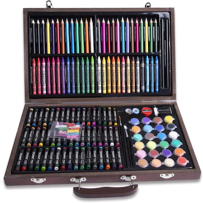 145 Piece Deluxe Art Set, Wooden Art Box & Drawing Kit with Oil Pastels, Crayons, Colored Pencils, Watercolor Cakes&  Brushes