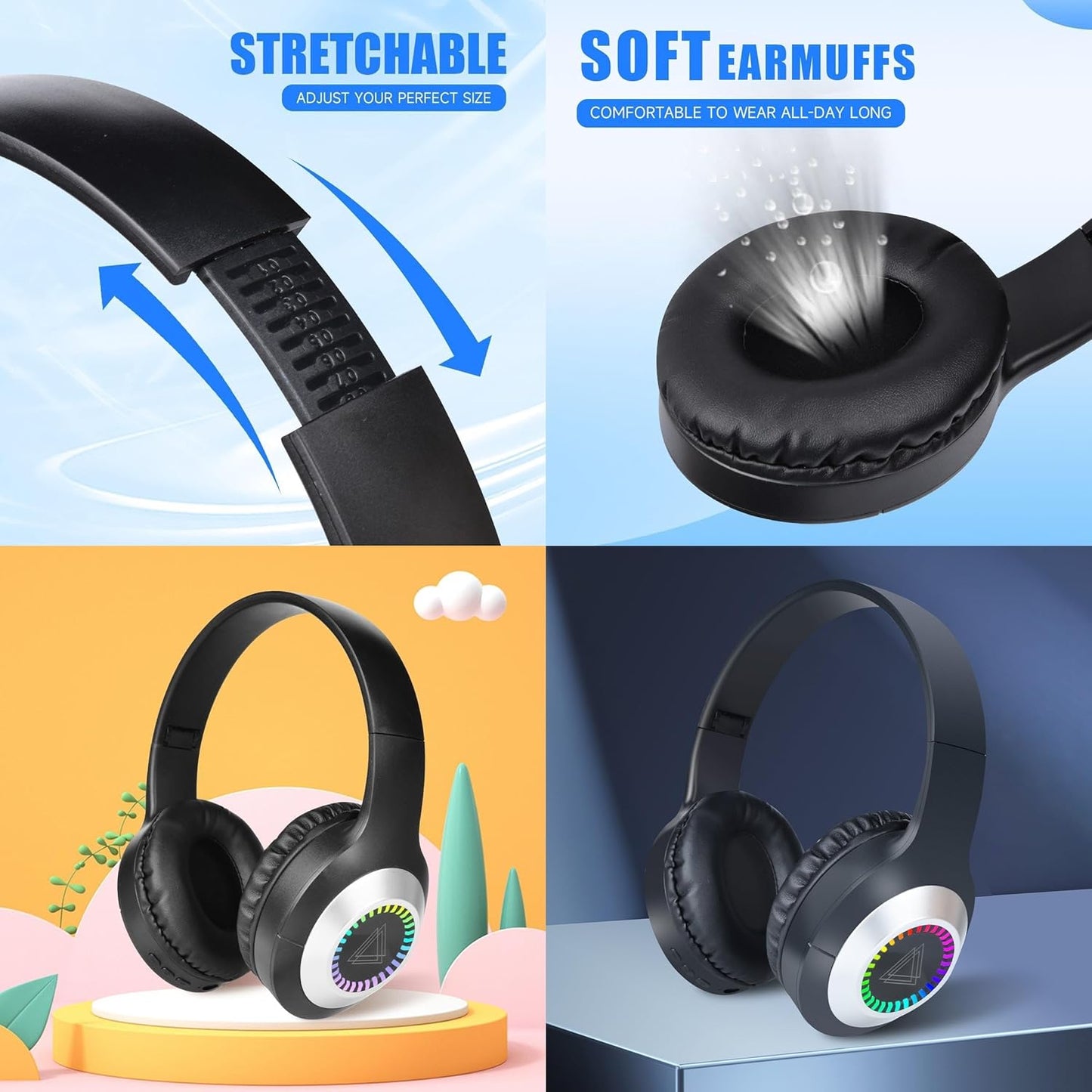 Wireless Bluetooth 5.3 Headphone with Colorful Lights, Large Battery Capacity, Foldable, 10M Range