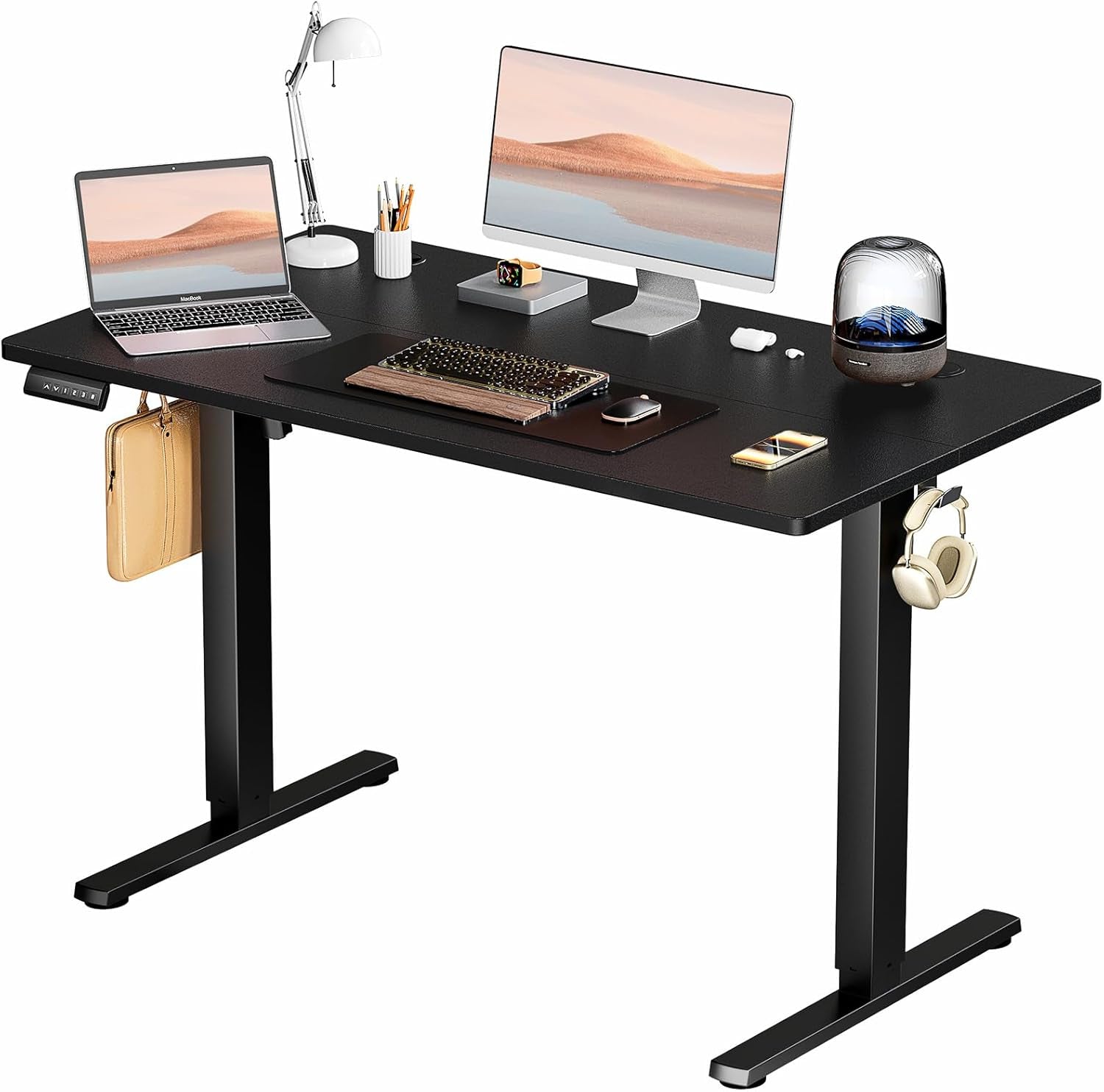 Electric Sit to Stand Up Desk with Splice Board, Rising Home Office Computer Table with 2 Hooks and Wire Hole