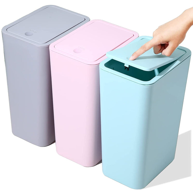  3-Pack Small Trash Cans with Pop -Up Lid, 10L Slim Wastebasket for Bedroom and Office