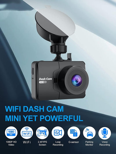 FHD 1080P Mini Dash Camera for Cars with WiFi, 2.45" IPS Screen, Night Vision, WDR, Loop Recording