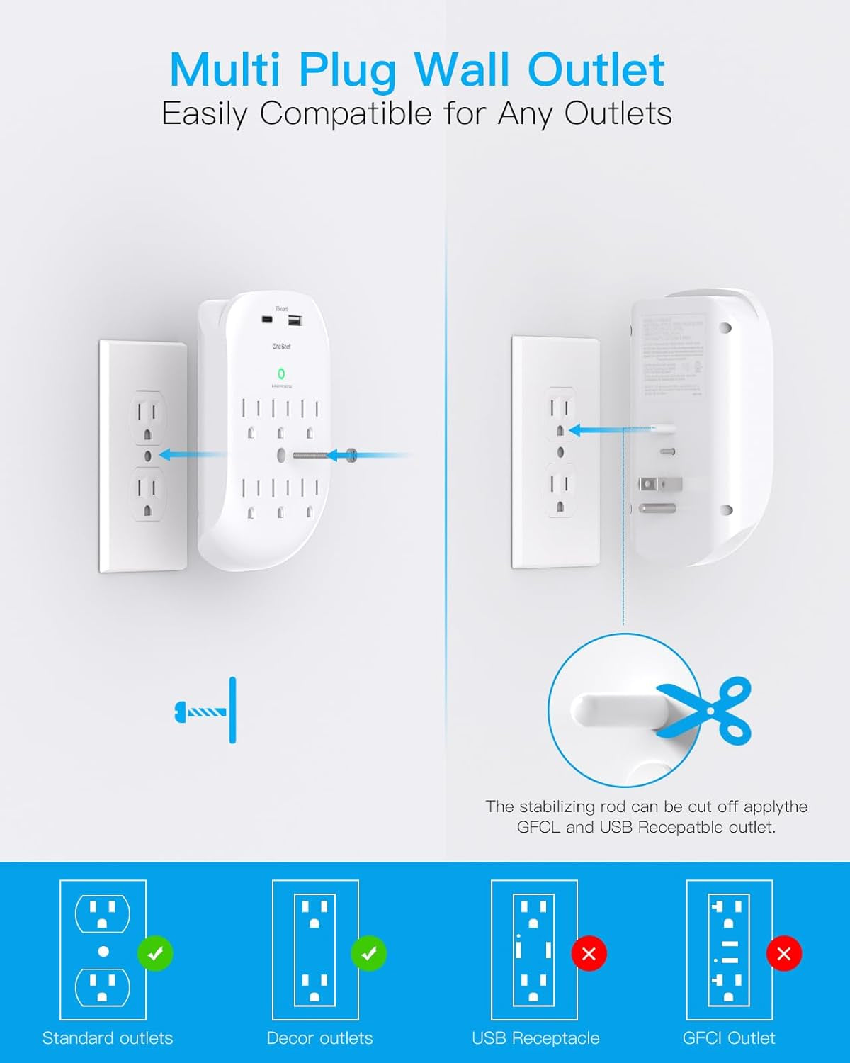 2 Pack Multi-Plug Surge Protector Outlet