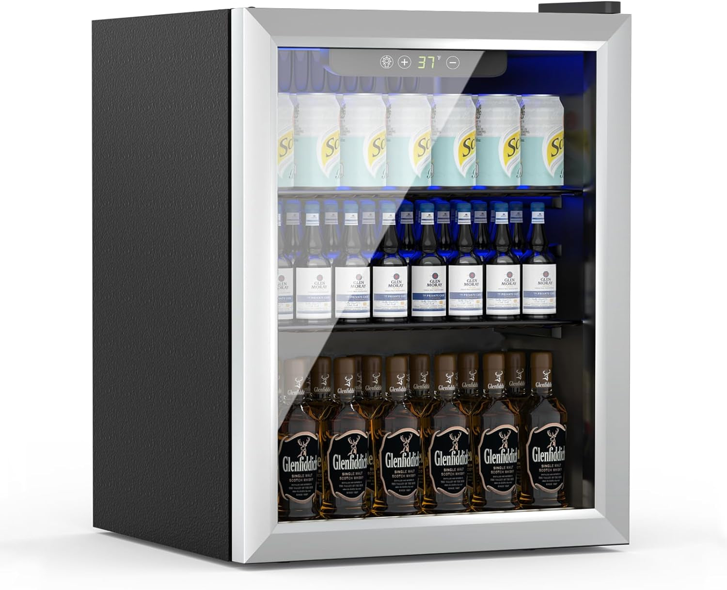 3.2 Cubic Feet Mini Fridge,126 Can Freestanding Beverage Refrigerator with Glass Front Door, Under Counter Drink Dispenser with Adjustable Shelves (Silver)