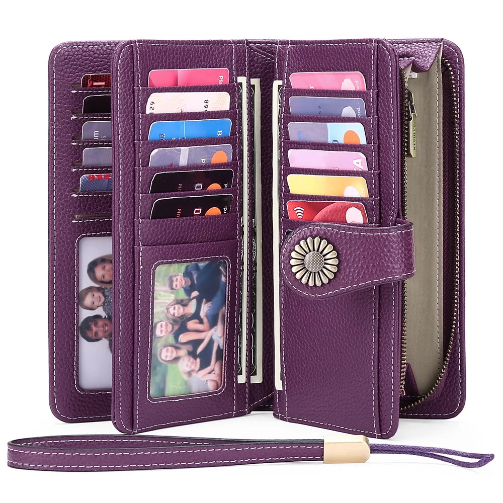 Genuine Leather Credit Card Holder with RFID Blocking Large Capacity Wristlet Wallet