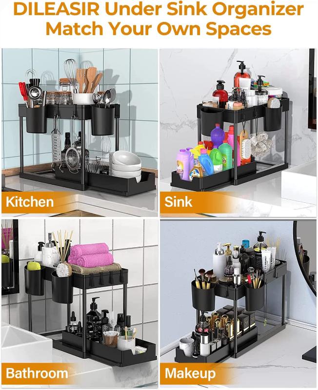 Under Sink Organizers for Storage, 2 Tier Under Sink Sliding Basket