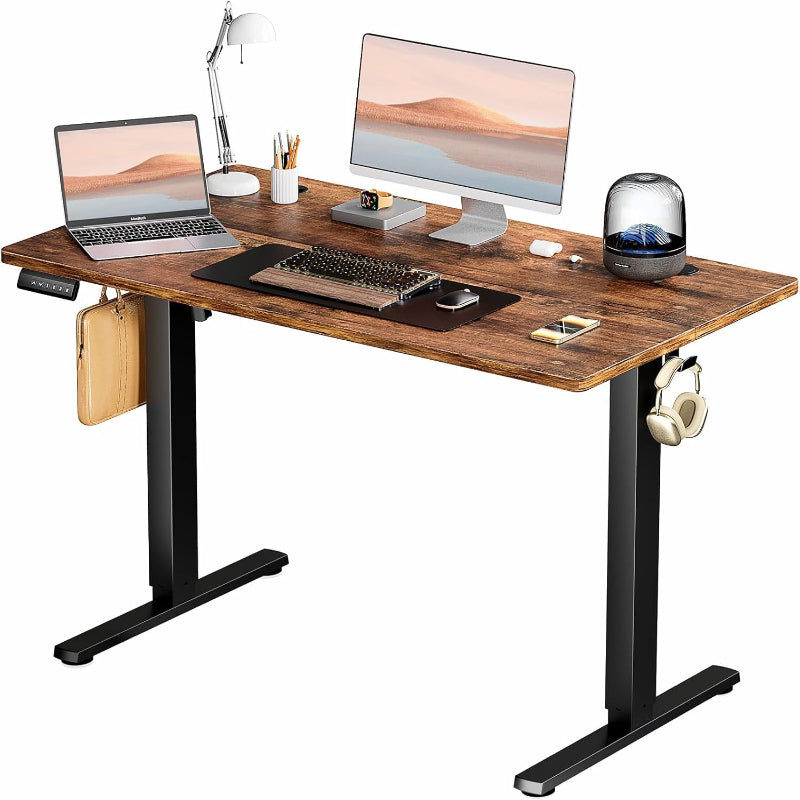 Electric Sit to Stand Up Desk with Splice Board, Rising Home Office Computer Table with 2 Hooks and Wire Hole