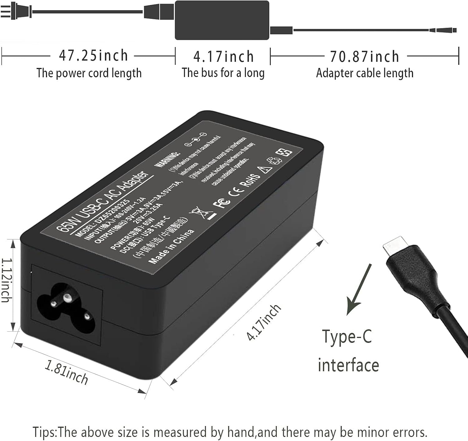 Universal 45 W-65W USB-C Laptop Charger or HP, Lenovo, Dell, Acer, Asus, Samsung